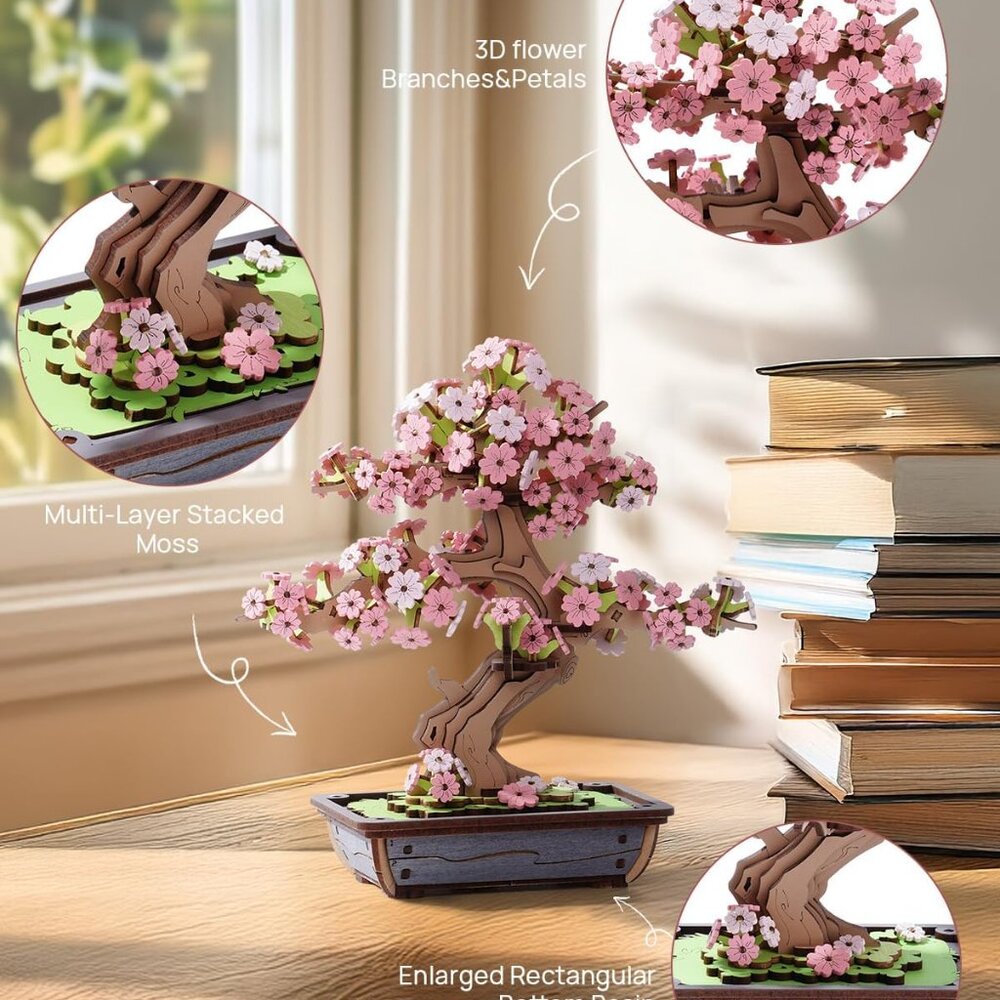 ROBOTIME Sakura Bonsai 3D Puzzles Wooden Artificial Cherry Blossom Tree DIY Mode